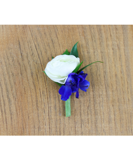 White Ranunculus with Dark Blue Delphinium Boutonniere