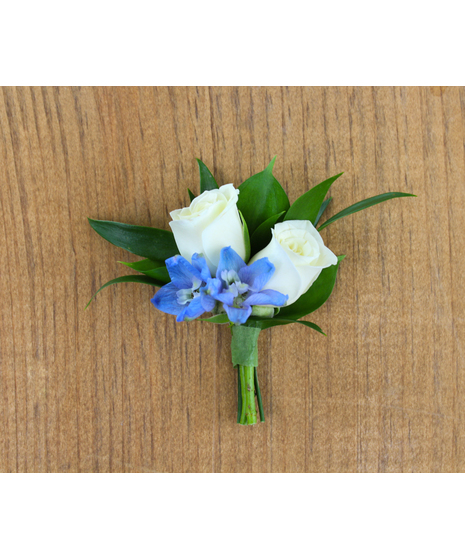 White Spray Rose with Light Blue Delphinium Boutonniere