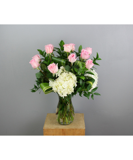 One Dozen Light Pink Roses with Hydrangea