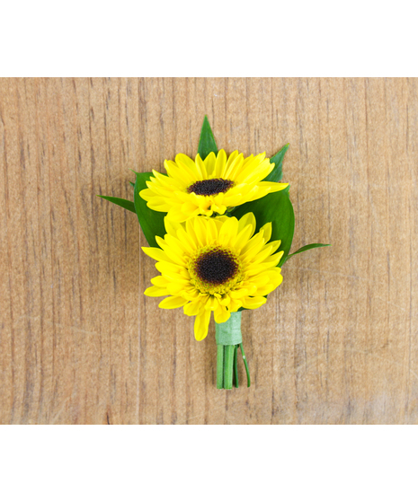 This boutonniere features a charming combination of assorted ruscus leaves and two Viking poms, resembling miniature sunflowers. 